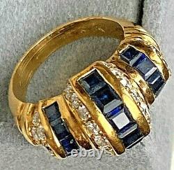 18K Yellow Gold Square-Cut Blue Sapphire Diamond Horizontal Signed Dome Ring