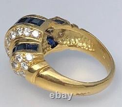 18K Yellow Gold Square-Cut Blue Sapphire Diamond Horizontal Signed Dome Ring