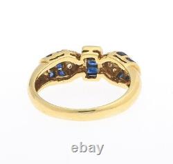18K Yellow Gold Square-Cut Blue Sapphire Diamond Horizontal Signed Dome Ring 7