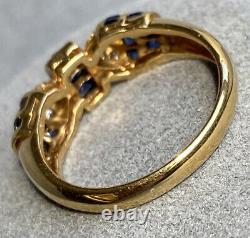 18K Yellow Gold Square-Cut Blue Sapphire Diamond Horizontal Signed Dome Ring 7