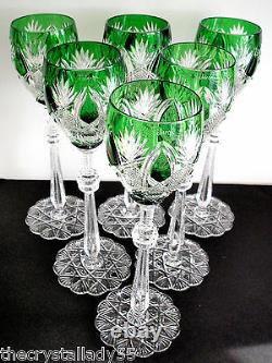 6 Faberge Czar Imperial Emerald Green Cased Cut To Clear 10 5/8 Wine Goblets