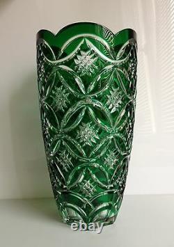 Ajka Lisbeth Emerald Green Cased Cut To Clear Crystal Vase, New, Signed
