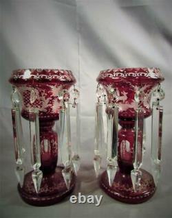 Antique Pair Bohemian Ruby Cut to Clear Mantle Lusters marked Czechoslovakia