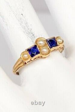 Antique Signed French Cut Blue Sapphire Pearl 14k Yellow Gold Filigree Band Ring