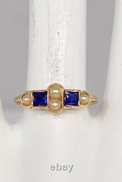 Antique Signed French Cut Blue Sapphire Pearl 14k Yellow Gold Filigree Band Ring