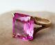 Antique Signed Lg. 17x12mm Pink Sapphire Emerald Cut, 10k Yellow Gold Ring 6.75