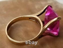 Antique Signed Lg. 17x12mm Pink Sapphire Emerald Cut, 10K Yellow Gold Ring 6.75