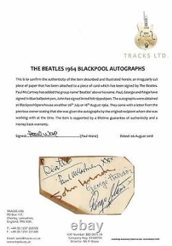Beatles (4) Lennon McCartney Harrison & Starr Signed 3x5 Cut Signature BAS Slab