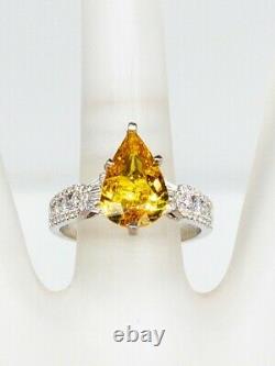 HOB Signed $12K 5ct Natural Pear Cut Yellow Sapphire Diamond 14k White Gold Ring
