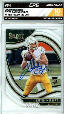 JUSTIN HERBERT 2020 Signed Panini SELECT #344 WHITE CUT WITNESSED AUTO CPG 10
