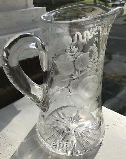 RARE SIGNED Antique Libbey Rose Intaglio Cut Etched Glass Clear Handled Pitcher