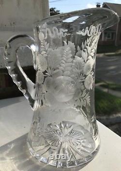 RARE SIGNED Antique Libbey Rose Intaglio Cut Etched Glass Clear Handled Pitcher