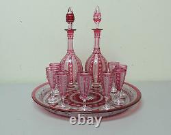 Rare Hawkes American 11-pc. Cranberry Cut To Clear Glass Liqour Set, Signed