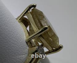 Rutilated Yellow Quartz & Diamond 10k YG Gold Ring NH Signed 6.5 Cushion Cut