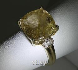 Rutilated Yellow Quartz & Diamond 10k YG Gold Ring NH Signed 6.5 Cushion Cut