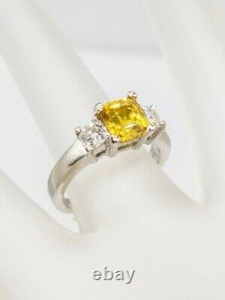 Signed $6000 3ct Natural Yellow Sapphire VS H Radiant Cut Diamond Platinum Ring