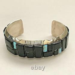 Sterling Silver Navajo Handmade Inlay Black Onyx & Opal Corn Cut Cuff Bracelet