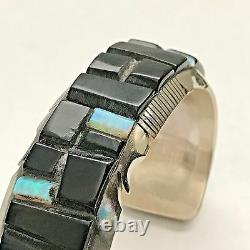 Sterling Silver Navajo Handmade Inlay Black Onyx & Opal Corn Cut Cuff Bracelet