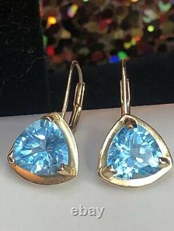 Vintage 10k Gold Blue Topaz Earrings Gemstone Trillion Cut Signed Jcm Jacmel