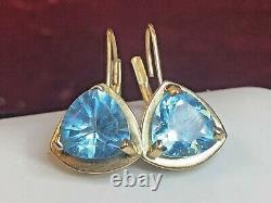 Vintage 10k Gold Blue Topaz Earrings Gemstone Trillion Cut Signed Jcm Jacmel